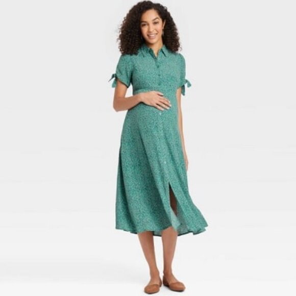 The Nines By HATCH Tie Sleeve Maternity Midi Floral Shirtdress - Picture 1 of 7